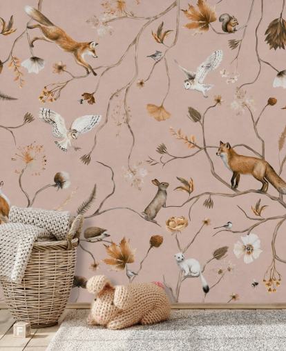 fresque murale rose personnalisable avec des animaux de la forêt appelée Playful Forest - Pink de Kikki Belle