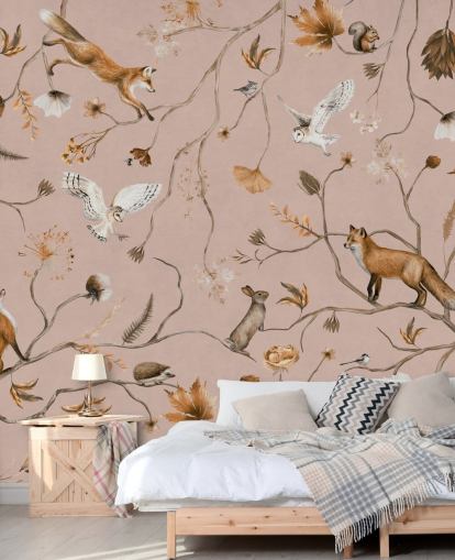 pink customizable forest animals wall mural called Playful Forest - Pink by Kikki Belle