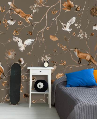 ruskea räätälöitävä lasten metsäseinämaalaus nimeltä Playful Forest - Taupe by Kikki Belle