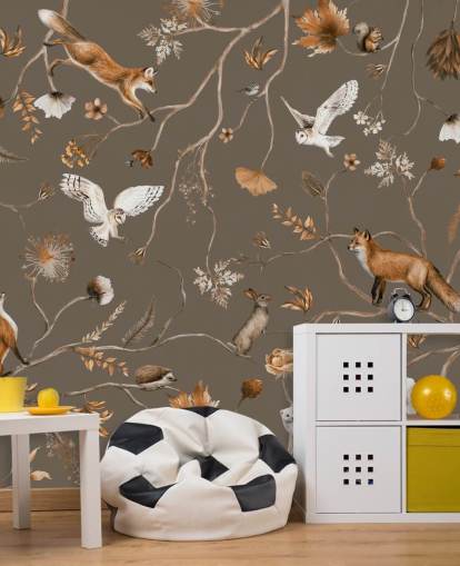 mural de parede florestal infantil personalizável marrom chamado Playful Forest - Taupe de Kikki Belle