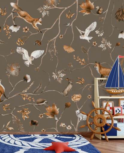 brown customizable kids forest wall mural called Playful Forest - Taupe by Kikki Belle brown customizable kids forest wall mural called Playful Forest - Taupe by Kikki Belle