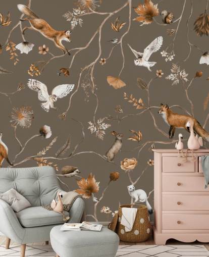 brunt tilpasseligt børneskovvægmaleri kaldet Playful Forest - Taupe af Kikki Belle