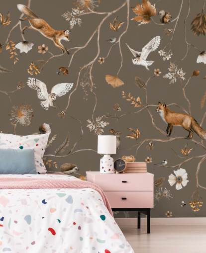 mural de pared marrón personalizable de un bosque para niños llamado Playful Forest - Taupe de Kikki Belle mural de pared marrón personalizable de un bosque para niños llamado Playful Forest - Taupe de Kikki Belle