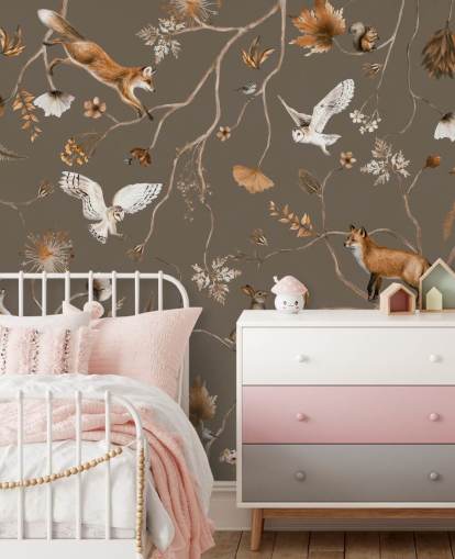 brown customisable kids forest wall mural called Playful Forest - Taupe by Kikki Belle