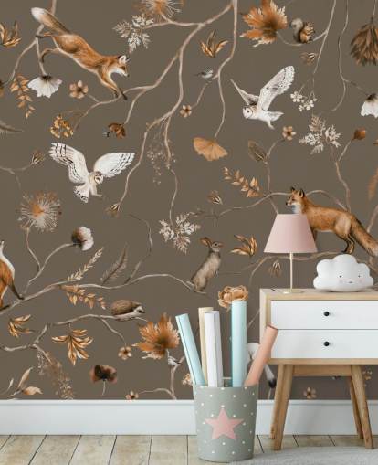 murale marrone personalizzabile con foresta per bambini chiamato Playful Forest - Taupe by Kikki Belle