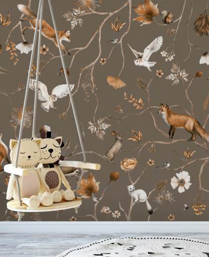 ruskea räätälöitävä lasten metsäseinämaalaus nimeltä Playful Forest - Taupe by Kikki Belle