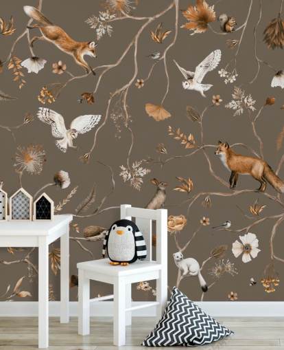 ruskea räätälöitävä lasten metsäseinämaalaus nimeltä Playful Forest - Taupe by Kikki Belle