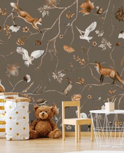 brown customisable kids forest wall mural called Playful Forest - Taupe by Kikki Belle