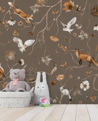 murale marrone personalizzabile con foresta per bambini chiamato Playful Forest - Taupe by Kikki Belle