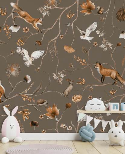 fresque murale marron personnalisable pour enfants appelée Playful Forest - Taupe par Kikki Belle