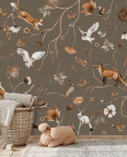 brunt tilpasseligt børneskovvægmaleri kaldet Playful Forest - Taupe af Kikki Belle brunt tilpasseligt børneskovvægmaleri kaldet Playful Forest - Taupe af Kikki Belle