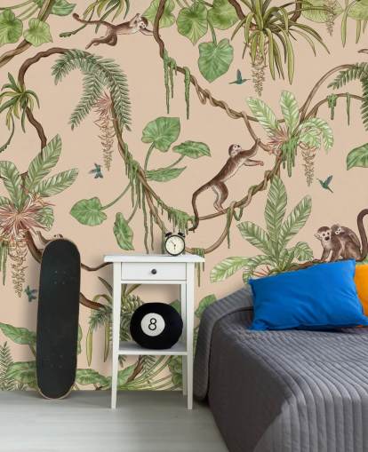 murale beige personalizzato per bambini chiamato Playful Monkeys - Beige di Kikki Belle per asili nido e camere da letto