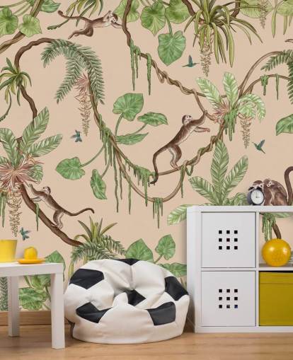 murale beige personalizzato per bambini chiamato Playful Monkeys - Beige di Kikki Belle per asili nido e camere da letto
