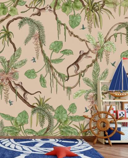 murale beige personalizzato per bambini chiamato Playful Monkeys - Beige di Kikki Belle per asili nido e camere da letto