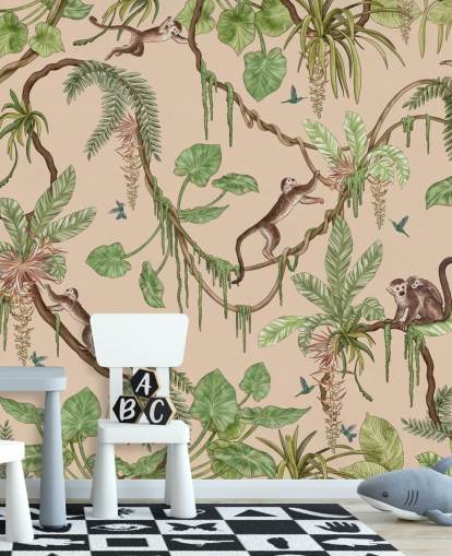 Beiges maßgefertigtes Wandbild für Kinder namens Playful Monkeys - Beige von Kikki Belle für Kinder und Schlafzimmer