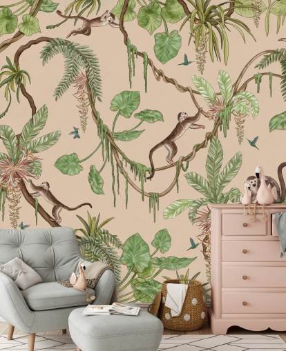 mural de parede infantil personalizado bege chamado Playful Monkeys - Beige de Kikki Belle para creches e quartos
