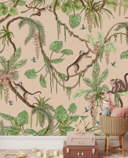 beige custom kids wall mural called Playful Monkeys - Beige by Kikki Belle for nurseries and bedrooms