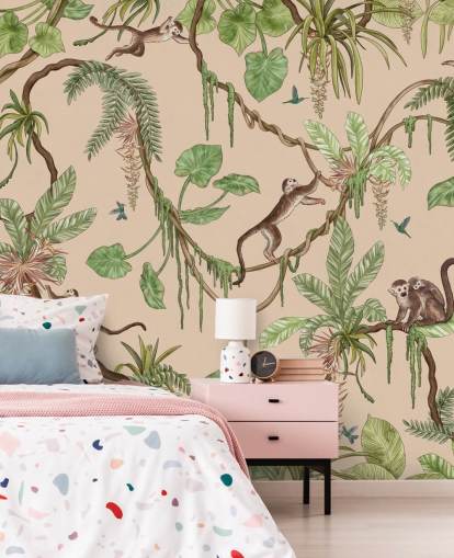 mural de parede infantil personalizado bege chamado Playful Monkeys - Beige de Kikki Belle para creches e quartos