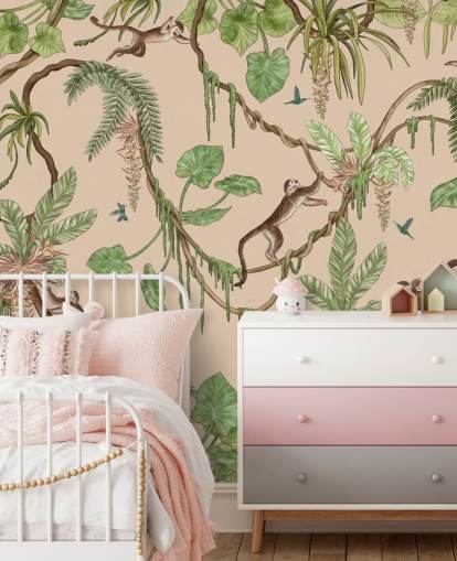 beige custom kids wall mural called Playful Monkeys - Beige by Kikki Belle for nurseries and bedrooms