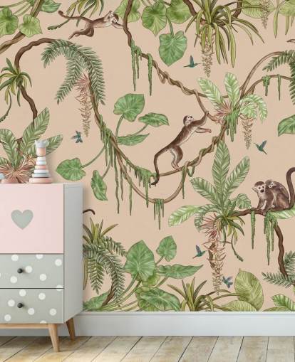 beige tilpasset barneveggmaleri kalt Playful Monkeys - Beige av Kikki Belle for barnehager og soverom