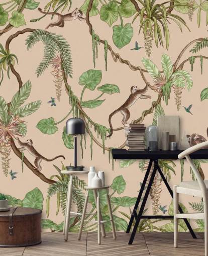 beige custom kids wall mural called Playful Monkeys - Beige by Kikki Belle for nurseries and bedrooms