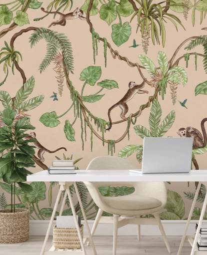 beige custom kids wall mural called Playful Monkeys - Beige by Kikki Belle for nurseries and bedrooms