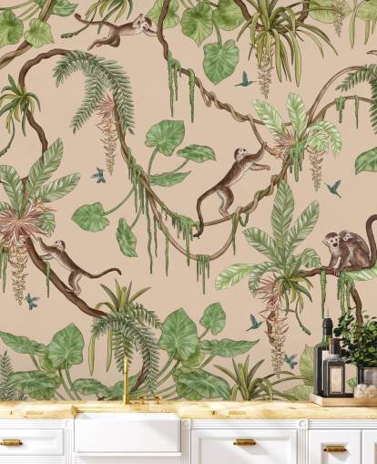 beige custom kids wall mural called Playful Monkeys - Beige by Kikki Belle for nurseries and bedrooms