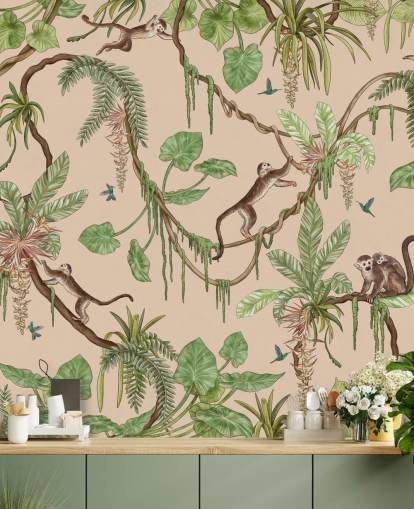 beige custom kids wall mural called Playful Monkeys - Beige by Kikki Belle for nurseries and bedrooms