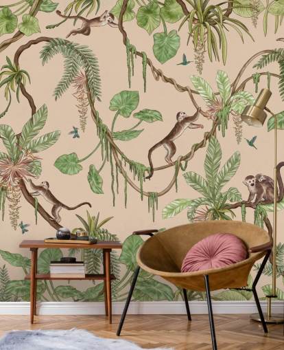 beige custom kids wall mural called Playful Monkeys - Beige by Kikki Belle for nurseries and bedrooms