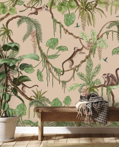 beige custom kids wall mural called Playful Monkeys - Beige by Kikki Belle for nurseries and bedrooms