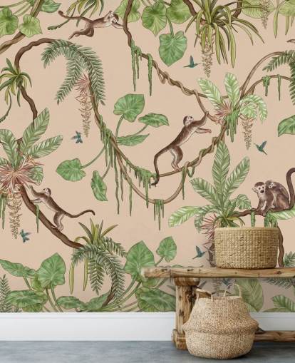 beige custom kids wall mural called Playful Monkeys - Beige by Kikki Belle for nurseries and bedrooms beige custom kids wall mural called Playful Monkeys - Beige by Kikki Belle for nurseries and bedrooms