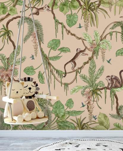 fresque murale beige personnalisée pour enfants appelée Playful Monkeys - Beige de Kikki Belle pour les crèches et les chambres