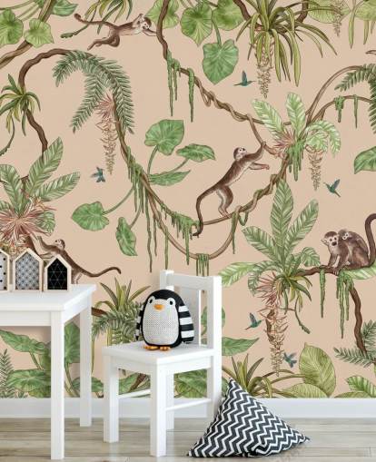 fresque murale beige personnalisée pour enfants appelée Playful Monkeys - Beige de Kikki Belle pour les crèches et les chambres