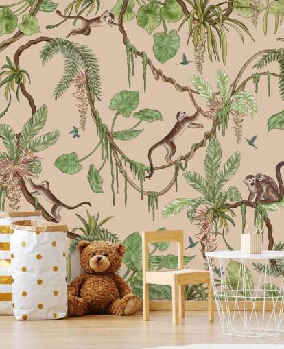 Beiges maßgefertigtes Wandbild für Kinder namens Playful Monkeys - Beige von Kikki Belle für Kinder und Schlafzimmer