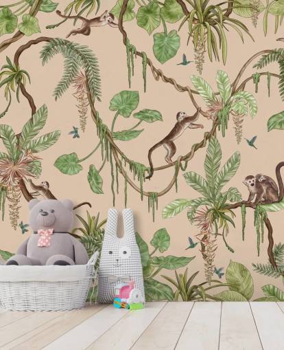 beige tilpasset barneveggmaleri kalt Playful Monkeys - Beige av Kikki Belle for barnehager og soverom