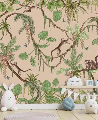 beige custom kids wall mural called Playful Monkeys - Beige by Kikki Belle for nurseries and bedrooms
