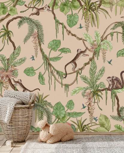 beige op maat gemaakte muurschildering voor kinderen genaamd Playful Monkeys - Beige van Kikki Belle voor kinderdagverblijven en slaapkamers