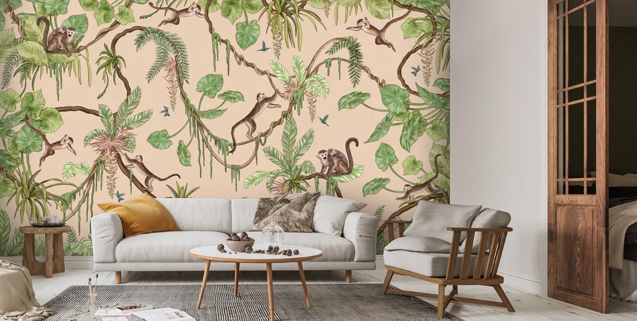 Playful Monkeys - Beige Wall Mural | Wallsauce UK