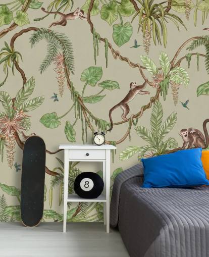 mural de parede de berçário personalizável verde chamado Playful Monkeys - Green de Kikki Belle mural de parede de berçário personalizável verde chamado Playful Monkeys - Green de Kikki Belle