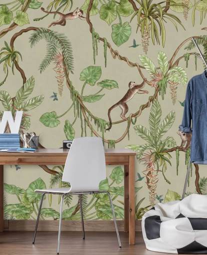 groene aanpasbare muurschildering voor de kinderkamer genaamd Playful Monkeys - Green van Kikki Belle