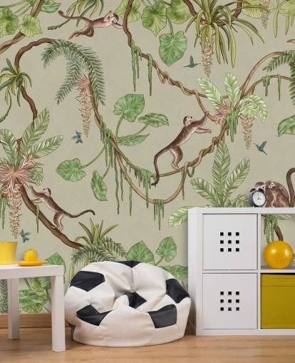 groene aanpasbare muurschildering voor de kinderkamer genaamd Playful Monkeys - Green van Kikki Belle