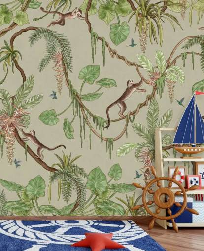 mural de pared verde personalizable para guardería llamado Playful Monkeys - Green de Kikki Belle