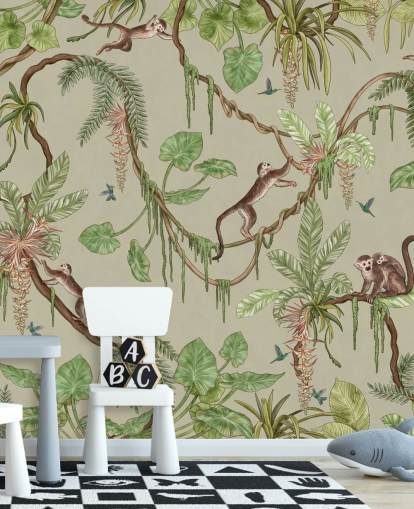 green customisable nursery wall mural called Playful Monkeys - Green by Kikki Belle green customisable nursery wall mural called Playful Monkeys - Green by Kikki Belle