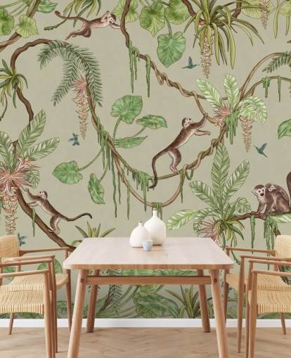 mural de pared verde personalizable para guardería llamado Playful Monkeys - Green de Kikki Belle