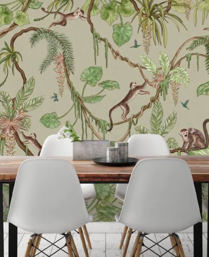 green customizable nursery wall mural called Playful Monkeys - Green by Kikki Belle