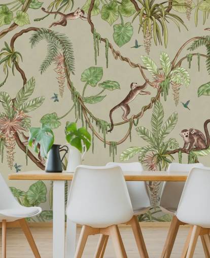 mural de pared verde personalizable para guardería llamado Playful Monkeys - Green de Kikki Belle