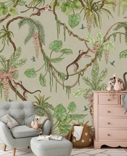 grønt tilpassbart barnehage veggmaleri kalt Playful Monkeys - Green av Kikki Belle