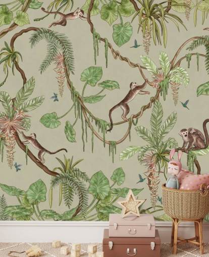 Grünes personalisierbares Wandbild für Kinderzimmer namens Playful Monkeys - Green von Kikki Belle