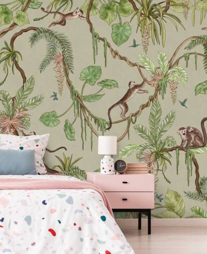murale da parete verde personalizzabile per la cameretta dei bambini chiamato Playful Monkeys - Green by Kikki Belle murale da parete verde personalizzabile per la cameretta dei bambini chiamato Playful Monkeys - Green by Kikki Belle