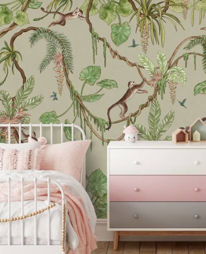 grön anpassningsbar plantskola väggmålning som heter Playful Monkeys - Green av Kikki Belle grön anpassningsbar plantskola väggmålning som heter Playful Monkeys - Green av Kikki Belle